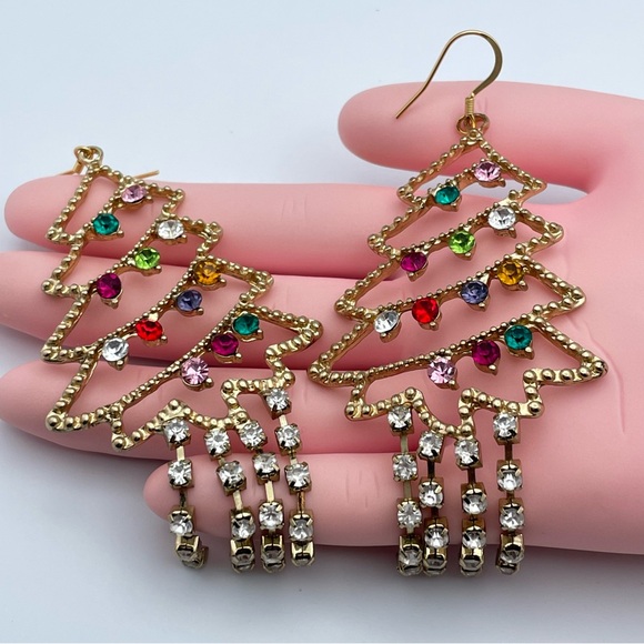 Gold Christmas Tree Chandelier Earrings – Multicolor Rhinestones, Statement - Picture 5 of 8